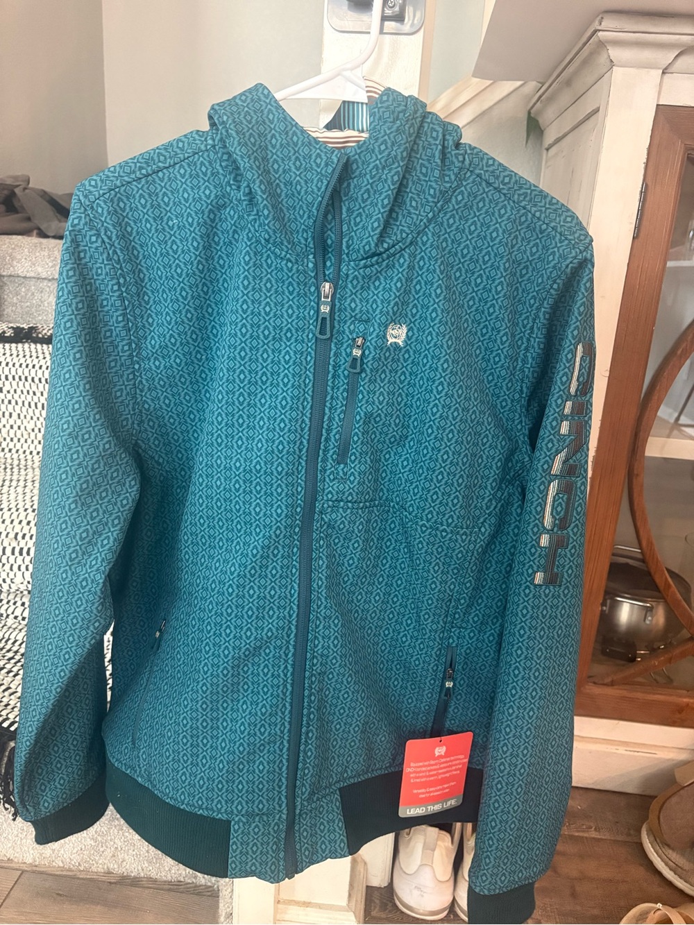 Cinch Teal Diamond-Pattern Hooded Puffer Jacket